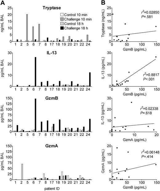 Figure 7. Granzyme B is released in experimental allergic late-phase reaction in asthma patients. Segmental allergen provocation was performed in 13 patients suffering from allergic asthma. Separate lung segments were challenged with saline or antigen, and BAL was performed in the same session 10 minutes later. Eighteen hours after challenge, a second bronchoscopy was performed and BAL was repeated for recovery of inflammatory mediators. (A) Tryptase, IL-13, GzmB, and GzmA levels in the BAL fluids of each of 13 patients analyzed are shown. (B) Shown are the correlations between tryptase levels of the challenged site in the immediate response (10 minutes) and GzmB levels in the late-phase reactions (18 hours) as well as correlations between IL-13, GzmB, and GzmA levels in BAL fluids of the challenged segment 18 hours after allergen provocation.