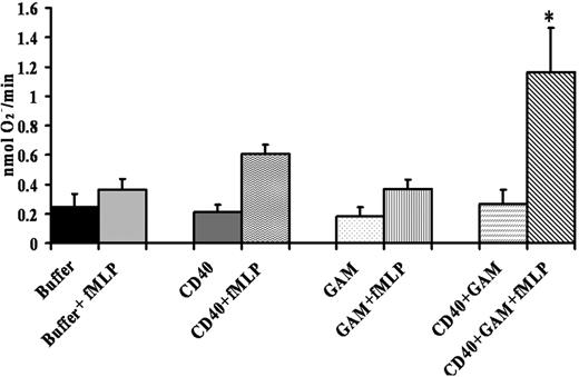 Figure 4. Cross-linking CD40 primes the PMN oxidase. PMNs were incubated with a mouse monoclonal antibody to human CD40, isotype controls, or buffer for 60 minutes at 4°C, followed by the addition of a buffer control or a goat anti–mouse F(ab′)2 (GAM) to cross-link the CD40 antibody. Activation of the PMN oxidase was accomplished with the addition of 1 μM fMLP, and priming of the fMLP-activated oxidase was calculated as the augmentation of the maximal rate of O2– in response to fMLP in buffer-treated controls. *Significant increase in oxidase activity compared with the buffer-treated controls (P < .05). The only group to significantly prime the fMLP-activated respiratory burst was CD40 + GAM + fMLP, indicating that cross-linking CD40 directly causes priming of the NADPH oxidase. Importantly, incubation of PMNs treated with isotype controls with the F(ab′)2 cross-linkers did not cause priming of the fMLP-activated oxidase (results not shown). This figure is representative of 7 separate experiments using disparate blood donors as the source of the PMNs. Data are presented as mean ± standard error of the mean.