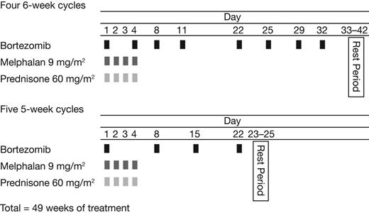 Figure 1. The VMP schedule was based on the standard bortezomib monotherapy dosing schedule. The treatment consisted of 4 6-week cycles followed by the maintenance phase consisting of 5 5-week cycles, giving a total of 49 weeks of treatment.