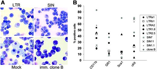 Figure 5. Phenotype of clones obtained after step 2. The “immortal” clone B has the lowest frequency of differentiating myeloid cells. (A) Cytospin preparations of mock-expanded cells and one “immortal” clone selected after transduction with LTRSFeGFP (May-Grünwald/Giemsa staining). In no case did we detect mature forms of the granulocytic lineage. Images were visualized using an Olympus BX51 upright microscope (Olympus, Hamburg, Germany) equipped with a 40 ×/0.75 numeric aperture objective lens. Images were processed using the Colorview Soft Imaging System and analySIS Five software (Olympus). (B) Clones were subjected to FACS analysis using antibodies as indicated.