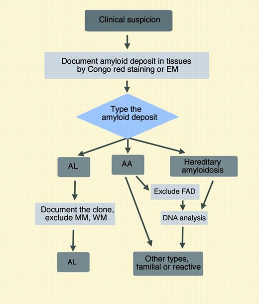 Figure 4. Flow chart for typing amyloidoses. The crucial division is made from typing the amyloid deposits. This can be accomplished with immunohistochemistry or immunoelectron microscopy27 or by biochemical methods which are applicable also to formalin-fixed tissue samples.28 If a variant protein is identified, the specific mutation can be rapidly detected by DNA analysis. Genetic testing is also necessary for the diagnosis of familial autoinflammatory diseases (FADs) causing reactive amyloidosis (AA) in patients with characteristic clinical features.29 Immunohistochemistry is usually reliable for identifying or ruling out AA amyloidosis but is frequently not diagnostic with respect to AL amyloidosis.30 Immunoelectron microscopy (EM) and biochemical methods provide definitive results; however, they are labor intensive and require expertise. If these techniques are not available, the DNA analysis should be performed upfront to exclude the hereditary amyloidoses whose clinical presentation is consistent with the patient's manifestations. Illustration by Marie Dauenheimer.