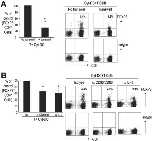 Figure 4. Generation of FOXP3+ cells by cytokine matured DCs is contact, CD80/CD86, and IL-2 dependent. (A) T cells were cultured with Cyt-DCs in the presence or absence of transwell inserts. Data (mean ± SD) shown in the left panel are CD4+FOXP3+ cells expressed as a percentage of control cultures with no transwells. *P < .05. The representative FACS plots on the right are from 1 of the 3 experiments summarized in the panel on the left. (B) T cells were cultured with Cyt-DCs treated with anti-CD80 and anti-CD86 antibodies (1-5 μg/mL each), anti-IL-2 antibody (1-5 μg/mL), or isotype control. Data (mean ± SD) shown in the panel on the left are CD4+FOXP3+ cells expressed as a percentage of control cultures with isotype mAb-treated DCs.*P < .05. The representative FACS plots on the right are from 1 of the 3 experiments summarized in the panel on the left. The numbers in the FACS plots represent percentage of cells in that quadrant.