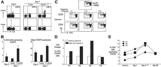 Figure 7. Expansion of FOXP3+ Treg's by DCs from patients with myeloma. (A) CD14- cells were used as the source of T cells and either cultured alone or with autologous cytokine-matured DCs. Seven days later, FOXP3+ CD4+ T-cell numbers were examined by flow cytometry and compared with those seen in fresh blood at the time of blood draw. Numbers represent percentage of cells in that quadrant. (B) Results show mean (±SD) FOXP3+ CD4+ T-cell expansions from 3 different patients. Left panel shows expansion of CD4+ FOXP3+ T cells at the time of blood draw (day 0), and after 7 days of culturing T cells alone (T alone) and with cytokine matured DCs (T + Cyt-DCs). The right panel shows the geometric mean fluorescence of the FOXP3 expression in CD4+ FOXP3+ T cells before and after culture. (C) CD25+ and CD25- T cells were sorted after 7 days of culture with cytokine-matured DCs as described in Figure 5. An MLR was set up using patient DCs as stimulators and CFSE-labeled allogeneic T cells as responder cells at a 1:10 ratio. Patient CD25+ and CD25- cells were added as suppressors at a ratio of 1:3 to 1:30. Four days later, flow cytometry was performed to determine the proliferation of the CFSE-labeled responder cells. Figure represents 1 of 2 similar experiments. (D) Cytokine-matured DCs expand FOXP3+ CD4+ T cells in vivo. Flow cytometry was performed to examine FOXP3 expression in T cells before and after injection of cytokine-matured DCs in 4 patients. (E) The kinetics of FOXP3 expansion was examined in 3 patients who showed an increase in FOXP3+ CD4+ T cells. T cells were obtained before injection, 1 to 7 days after, and 28 days after injection of cytokine-matured DCs.