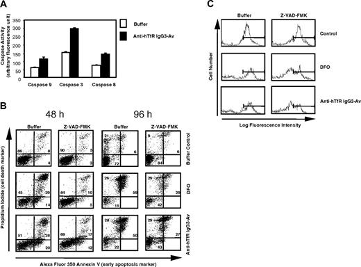Figure 8. Anti-hTfR IgG3-Av induces caspase activation, mitochondrial depolarization, and a partially caspase-independent cell death in ARH-77 cells. (A) Cells treated with buffer or 50 nM anti-hTfR IgG3-Av for 48 hours were lysed and caspase activities measured by specific fluorogenic substrates. Each value is the mean of quadruplicate samples. (B) Cells preincubated with or without 100 μM Z-VAD-FMK were treated with buffer, 50 μM DFO, or 50 nM anti-hTfR IgG3-Av for 48 or 96 hours. Cells were then washed and stained with DiOC6(3), annexin V-Alexa Fluor 350, and PI, and analyzed by flow cytometry. The annexin V/PI profiles of treated cells at 48 and 96 hours are shown with the percentages of cells located in each quadrant. (C) Nonapoptotic cells (lower left quadrants of panel B) at 48 hours were gated and their mitochondrial membrane potentials shown in log fluorescence intensity. These experiments were repeated in both ARH-77 and IM-9 cells with similar results.