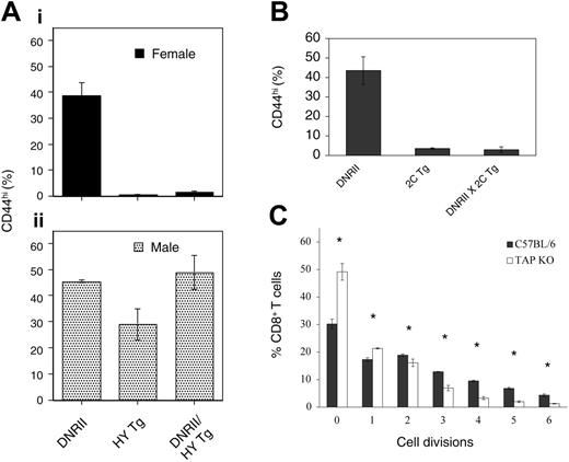 Figure 2. Antigenic requirements for CD8+ T-cell expansion in DNRII Tg mice. (A) Lymphocytes from 8- to 10-week-old female (i) and male (ii) DNRII Tg, HY TCR Tg, or DNRII, HY TCR double-transgenic mice were analyzed for CD44hi (MFI, greater than 100) cell-surface expression on the CD8+ T-cell population. Data are represented as the average percentage of CD44hi cells in each T-cell subset; error bars represent the SD in each group (each group included 3 or more mice). (B) Lymphocytes from 8- to 10-week-old female DNRII Tg, 2C TCR Tg, or DNRII, 2C TCR double-transgenic mice were analyzed for CD44hi (MFI, greater than 100) cell-surface expression on the CD8+ T-cell population. Data are represented as the average percentage of CD44hi cells in each T-cell subset; error bars represent the SD in each group (each group included 3 or more mice). (C) Purified, CFSE-labeled DNRII Tg T cells from 10-week-old homozygous Tg mice were injected into TAP-1 KO or age-matched C57BL/6 hosts. Hosts were killed, and lymphocytes from lymph nodes were pooled and analyzed for CFSE+ T cells 1 week after injection. Data are represented as the average percentage of CFSE+, CD8+ T cells in each cell division group. Error bars represent the SD in each group (n = 3), with asterisks denoting significant (P < .05) differences between C57BL/6 and Tap KO hosts. The experiment was performed 3 times with similar results (total n = 10/group).