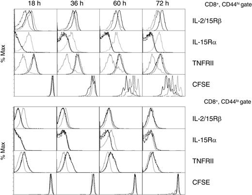 Figure 6. TGF-β regulation of IL-2/IL-15Rβ expression on CD8+ memory T cells. Purified CD8+ T cells from 8- to 10-week-old C57BL/6 mice were incubated in complete mouse media (gray lines), +IL-15 (black lines), or +IL-15 plus TGF-β (dotted lines) for various times. Cell-surface expression of IL-2/IL-15Rβ (first row), IL-15Rα (second row), and TNFRII (third row) were determined by flow cytometric analysis on the CD8+, CD44hi T-cell population (top panels) and the CD8+CD44lo T-cell population (bottom panels). CFSE-labeled CD8+ T cells were included in each experiment to measure cell division (bottom row). Experiments were repeated 4 times with similar results.