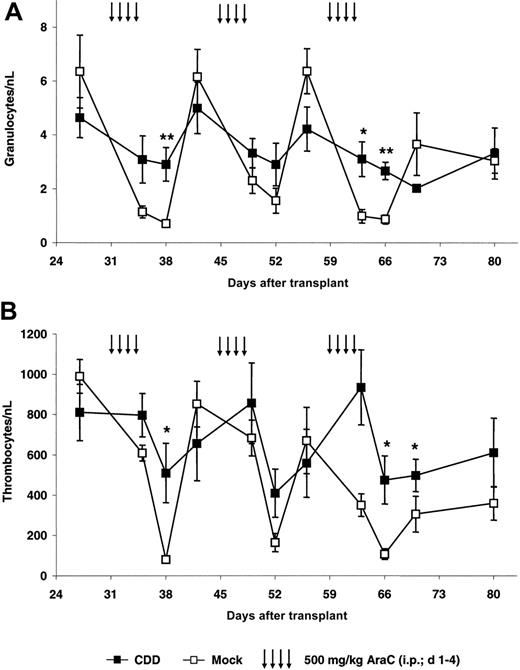 Figure 2. CDD gene transfer protects granulopoiesis and thrombopoiesis from cytarabine toxicity. Peripheral blood granulocyte (A) and thrombocyte (B) counts (mean ± SEM; n = 5) in animals given transplants with CDD- or control-transduced bone marrow during 3 cycles of cytarabine treatment are given for a representative experiment (C1). */** denotes significant differences (P < .05/.01) in nadir levels by Student t test.
