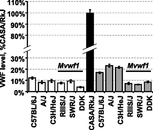 Figure 1. Plasma VWF levels in selected inbred strains and CASA/RkJ intercrossed animals. VWF levels were calculated as a percentage of the CASA/RkJ strain, which is arbitrarily defined as 100%. The RIIIS/J, SWR/J, and DDK strains all share the low Mvwf1 allele (Galgt2 mutation).14 Average VWF levels for each pure strain (□ and ▪) as well as F1 animals resulting from CASA/RkJ intercrosses (▦) are shown (± SD, standard deviation).