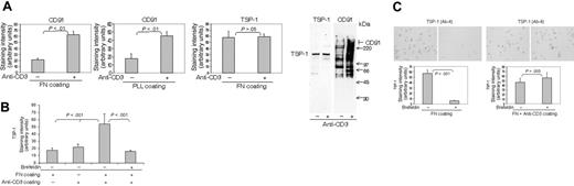 Figure 3. TCR/CD3 determines T-cell expression of CD91 and TSP-1. (A) Anti-CD3 Abs (0.125 μg/mL) coated on fibronectin or poly-L-lysine substrata augment CD91 expression on the surface of AF24 cells as demonstrated by quantitative immunocytochemistry and immunoprecipitation of biotinylated cells. (B) Anti-CD3 antibodies (0.125μg/mL) postcoated on a fibronectin-coated surface trigger cell-surface TSP-1 in freshly purified blood lymphocytes. (C) Anti-CD3 antibodies (0.125 μg/mL) postcoated on a fibronectin-coated surface inhibit TSP turnover as shown by abrogation of the inhibitory effect of brefeldin A (10 μg/mL) on TSP expression. For immunocytochemistry, the cells were fixed in PFA after 15 minutes and the expression of TSP-1 and CD91 was determined by quantitative immunocytochemistry. For immunoprecipitation, the adherent cells were biotinylated and subsequently immunoprecipitated and separated on a 4% to 20% SDS-PAGE gel. One representative experiment of 3 to 7 independent experiments is shown. Error bars: SEM. Statistics: Mann-Whitney U test (B-C). Bars: 20 μm.