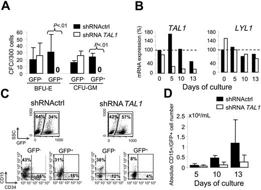 Figure 2. TAL1 is required for the development of human myeloid committed progenitors. Transduced CD34+ cells were plated in methylcellulose culture and in myeloid differentiation in liquid culture. (A) GFP+ and GFP– colonies from BFU-Es and GM-CFU cells 14 days later. (B) TAL1 and LYL1 expression during myeloid differentiation detected by real-time quantitative PCR; dashed line indicates the arbitrary 100% of TAL1 expression determined in shRNActrl cells at day 0 of the culture. Shown is the mean of 2 measurements. (C) Analysis of CD15 and CD34 marker expression after 10 days of culture in both GFP– and GFP+ cells (one representative experiment, 10 days). (D) Evolution of GFP+/CD15+ cell numbers during the culture. Data are expressed as the mean plus or minus the standard error (SE) of 2 to 5 independent experiments.