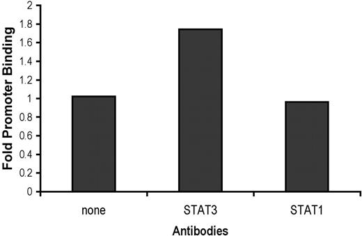 Figure 4. STAT3 binds the hepcidin promoter. HepG2/2.2.1 cells were treated with IL-6 (20 ng/mL) or left untreated. After cells were fixed, we performed chromatin immunoprecipitation with no antibody, anti-STAT3, or anti-STAT1 and used PCR to amplify a 150 bp fragment containing the consensus STAT binding site of the hepcidin promoter. We fractionated PCR products and determined relative product amounts normalized to input chromatin. Fold promoter binding was calculated as the ratio of IL-6–treated to untreated output/input volume ratios of PCR products.