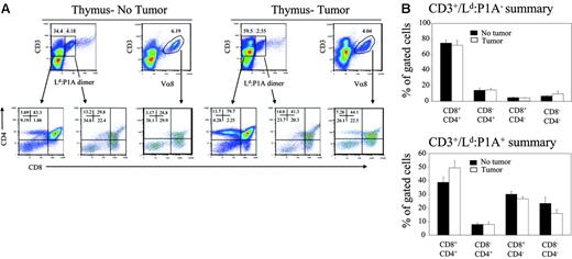 Figure 1. Development of P1A-reactive T cells in RAG-2–deficient chimera mice reconstituted with a mixture of bone marrow cells from BALB/c and BALB/c P1CTL. Rag2−/− BALB/c mice were given subcutaneous injections with either PBS or J558 tumor cells. Six days later, when the tumors were palpable, a mixture of T-depleted BALB/c P1CTL and WT BALB/c bone marrow cells (3:2) were injected intravenously in 2 doses at a 1-week interval. At 3 weeks after the second injection, when tumor rejection was observed in the periphery, the mice were killed and the T-cell subsets in the thymus were analyzed by 4-color flow cytometry using Ld:P1A dimer, and anti-CD3, -CD4, and -CD8. (A) Representative fluorescence-activated cell sorting (FACS) profiles of thymocytes from control (left panels) and tumor-bearing (right panels) mice are shown. The profiles of non-transgenic T cells are shown on the left of each group, whereas that of the transgenic T cells, as revealed by their specific binding to the P1A:Ld dimer or with anti–Vα8.3 TCR antibody, are shown on the right. (B) Summary of the T-cell subsets among polyclonal (top panel) and transgenic P1A-reactive T cells (bottom panel) in tumor-bearing and unchallenged mice. Graphs depict the mean ± SEM of 6 to 7 mice/group and are representative of 2 independent experiments.