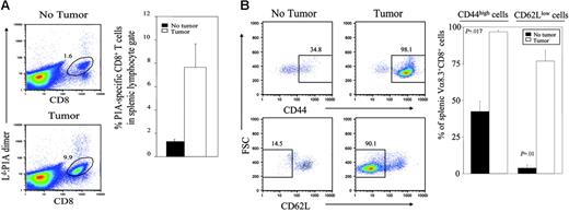 Figure 2. Activation of P1A-reactive T cells in the periphery of tumor-bearing mice. Spleen cells from the chimera mice reconstituted with bone marrow from BALB/c P1CTL and BALB/c mice as described in Figure 1 were analyzed for the phenotype and number of P1A-specific T cells. (A) Expansion of P1A-specific T cells in the spleens of tumor-bearing mice. Spleens from chimera mice were stained with anti-CD8, and Ld:P1A dimer or anti–Vα8 TCR. FACS plots are representative profiles of cells within the lymphocyte gate. Graph depicts mean ± SEM of 6 to 7 mice/group. This trend of expanded P1A-specific T cells in tumor-bearing mice is representative of 2 independent experiments. (B) Phenotype of P1A-specific T cells from tumor-bearing and nonbearing mice. Data shown are CD44 and CD62L profiles of gated CD8+Vα8 TCR+ T cells. A representative profile from each group is presented on the left, whereas the graph on the right depicts the mean ± SEM of 3 mice/group and is representative of 2 independent experiments.