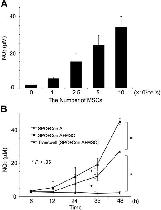 Figure 3. NO production in the presence of MSCs. (A) Dose-dependent effect of MSCs on NO production. Splenocytes (1 × 106) were activated with Con A (5 μg/mL) in the presence of the indicated number of MSCs for 48 hours in a 12-well dish. The concentrations of NO were determined by Griess assay. (B) Time course of NO production. MSCs (1 × 105/well) were treated as in panel A for the indicated amount of time. “Transwell” indicates experiments performed in 12-well dishes in which the T cells were separated from MSCs by a 1-μm-pore membrane. Values represent the means ± SD from 3 independent experiments. *P < .05.