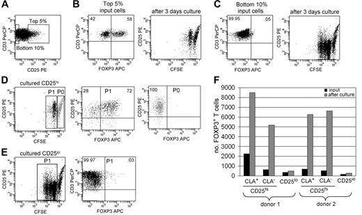 Figure 7. Blood Tregs and non-Tregs both proliferate when cultured with fibroblasts and IL-15. (A) T cells were isolated from the blood, and the highest 5% and lowest 10% of CD25 expressers were isolated by cell sorting and labeled with CFSE. (B) CD25hi T cells contained 58% FOXP3+ Tregs, and a subset of these cells proliferated when cultured for 3 days with IL-15 and fibroblasts. (C) CD25lo T cells contained less than 1% FOXP3+ Tregs; many of these cells proliferated when cultured with IL-15 and dermal fibroblasts. (D) Most CD25hi proliferative cells (P1) were FOXP3+ Tregs, whereas nonproliferative T cells (P0) were purely non-Tregs. (E) Nonregulatory FOXP3− T cells proliferated but did not up-regulate FOXP3 to levels seen in regulatory T cells. For scatterplots, numbers indicate the percentage of cells in each quadrant. (F) Both CLA+ and CLA− blood Tregs expand when cultured with fibroblasts, IL-2, and IL-15. T cells were isolated as above, and CD25hi T cells were further separated into CLA+ and CLA− subsets. The number of FOXP3+ T cells before and after 1 week of culture with fibroblasts, IL-15, and IL-2 are shown.
