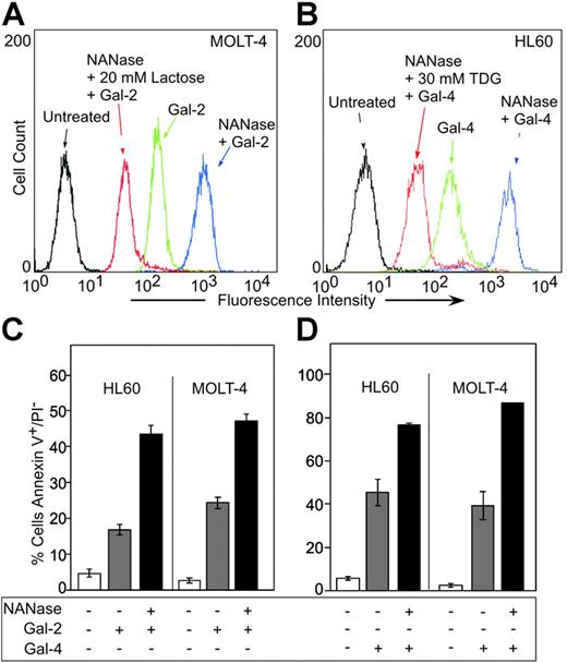 Figure 1. Gal-2 and Gal-4 induced PS exposure in MOLT-4 and HL60 cells. (A) MOLT-4 cells were incubated with ALEXA 488–Gal-2, and (B) HL60 cells were incubated with ALEXA 488–Gal-4, followed by flow cytometric analysis. NANase indicates prior treatment of cells with A urefaciens neuraminidase (100 mU) for 1 hour at 37°C. (C-D) HL60 cells or MOLT-4 cells were incubated with either 10 μM Gal-2 (C) or 3 μM Gal-4 (D) for 4 hours followed by flow cytometric analysis for PS externalization. NANase indicates prior treatment of cells with A urefaciens neuraminidase (100 mU) for 1 hour at 37°C. Error bars represent the standard deviation of duplicate samples.