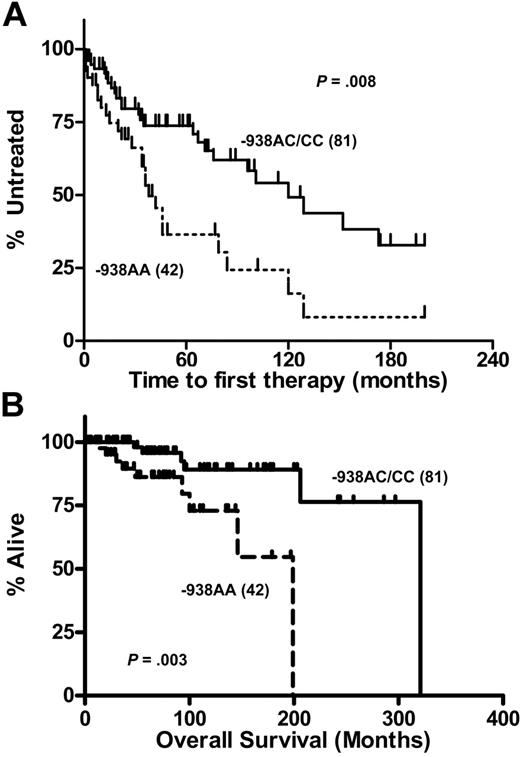 Figure 4. Genotype-dependent disease progression in patients with B-CLL. Probability of disease progression as indicated by the time to first therapy (A) and overall survival (B) in 123 CLL patients displaying the BCL2−938CC or AC genotypes (n = 81) versus BCL2−938AA (n = 42) genotypes. Statistical analysis was performed using the log-rank test.