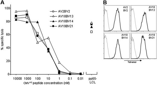 Figure 1. High-affinity CMV-specific T cells isolated from memory response. (A) Cytolytic activity of CMV-specific T cells. T cells expressing different TCRs were isolated from the peripheral blood of CMV-seropositive persons and were tested at the effector-to-target (E/T) ratio of 10:1 against CMV-peptide–pulsed HLA-A2+ EBV-LCLs or pp65-transduced HLA-A2+ EBV-LCLs (pp65-LCL) in a 4-hour cytotoxicity assay. (B) Tetramer staining was performed with PE-conjugated CMVA2 tetramers (black line) and control PE-conjugated HA-2A2 tetramers (gray line) for 2 hours at 4°C on representative T-cell clones expressing 1 of the 4 different CMV-specific TCRs.