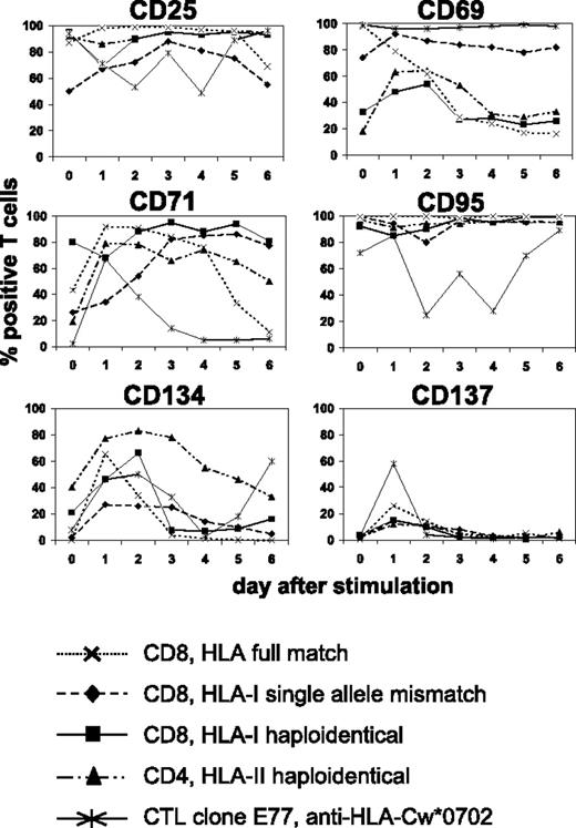 Figure 1. Kinetics of activation-induced antigens expressed on allogeneic monoclonal and oligoclonal T-cell cultures. MLLC or MLTC responders were generated by 4 weekly in vitro stimulations of healthy donor CD4 or CD8 T cells with allogeneic AML or RCC cells, respectively. HLA class I and II genotypes of donor and stimulator cells were either fully matched or differed at a single allele or haplotype. CTL clone E77 recognizes mismatch HLA-Cw*0702 on allogeneic RCC cells. Flow cytometry analyses were performed on clonal and oligoclonal T-cell cultures before (day 0) and on days 1 to 6 after rechallenge with AML or RCC cells. Antibodies used were conjugated to FITC (CD4 and CD8) or PE (activation markers). Data represent percentages of T cells with FITC or PE costaining. Similar results were obtained in at least 3 independent experiments per each test condition.