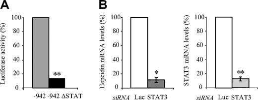 Figure 4. STAT3 mediates hepcidin expression. (A) Luciferase reporter assays. Huh7 cells were transfected with the –942 bp or the –942 bp ΔSTAT luciferase reporter vectors, and luciferase activity was measured after 48 hours. Transfections were performed in triplicates, and results are presented as a fold change ± SD of firefly/Renilla (F/R). (B) siRNA-mediated knockdown of STAT3. Hepcidin mRNA expression in Huh7 cells was assayed after transfection with specific siRNAs directed against STAT3 or luciferase (Luc siRNA) as a control. Hepcidin and STAT3 mRNA expression was analyzed by quantitative real-time PCR and data normalized to mRNA expression of a housekeeping gene, Gapdh. Data are presented as fold change, whereby Huh7 cells transfected with the luciferase control siRNA were set to 100%. STAT3 mRNA expression was reduced to 12%. Significant expression changes are marked by an asterisk, whereby * represents P < .05 and ** represents P < .005.