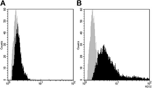Figure 6. Hydrogen peroxide production by neutrophil granulocytes stimulated with IVIg-F(ab′)2. (A) Gray curve indicates TNFα + PBS; black curve, TNFα + IVIg (batch B1). (B) Gray curve indicates TNFα + PBS; black curve, TNFα + IVIg-F(ab′)2 (batch A4). IVIg concentration 2.5 mg/mL, IVIg(Fab′)2 concentration 1.6 mg/mL, incubation time 80 minutes. Cells were prestimulated with TNFα (1 ng/mL) for 15 minutes.
