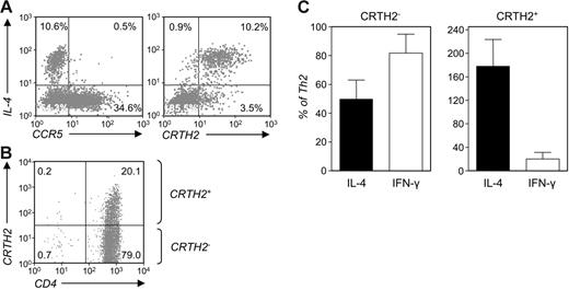 Figure 4. CRTH2+ Th cells exhibit an “enhanced” Th2 phenotype. (A) Two-color staining for IL-4 and CCR5 or CRTH2 in Th2-skewed cells restimulated and monensin-treated as in Figure 2B. (B) Seven-day Th2 cultures were sorted by CRTH2 expression for further phenotypic analysis. The resulting preparations are referred to as “CRTH2+” and “CRTH2−.” (C) IL-4 and IFN-γ levels were measured by ELISA of supernatants collected from either preparation after 3-day subculture and 20-hour stimulation with PMA and ionomycin and expressed as percent of the levels detected in samples of the parental Th2 cultures left unfractionated and stimulated in parallel. Shown are the means ± SEM of 5 independent experiments. Differences in the expression of IL-4 and IFN-γ in CRTH2− versus CRTH2+ cultures were statistically significant (P < .05).