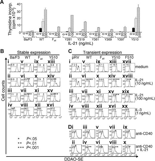 Figure 4. IL-21R Y510 mediates maximal proliferative response to IL-21. (A) Ba/F3 cells not transfected or stably transfected with the indicated constructs were treated with 0 to 100 ng/mL IL-21 for 3 days, and thymidine incorporation was determined. A representative experiment of 3 performed is shown. (B-C) Ba/F3 cells stably (B) or transiently (C) expressing IL-21R constructs were stained with DDAO-SE and cultured for 2 days in medium containing 10 or 100 ng/mL IL-21 or 1 ng/mL IL-3. Percent DDAO-SE dilution is indicated. Ba/F3 indicates parental Ba/F3 cells; pRV, Ba/F3 cells transiently transfected with empty vector. (D) IL-21R–deficient splenic B cells transiently transduced with the indicated constructs were stained with DDAO-SE and cultured for 4 days in medium containing 1 μg/mL anti-CD40 with or without 100 ng/mL IL-21 and analyzed. Percent DDAO-SE dilution is indicated. Statistical analyses are comparisons to parental Ba/F3 cells (B), Ba/F3 cells transduced with pRV (C), and IL-21R–deficient splenic B cells transduced with pRV (D).