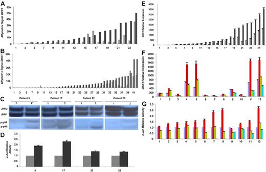 Figure 2. Lenalidomide up-regulates DKK1 in myeloma plasma cells through JNK. Microarray analysis of primary myeloma plasma cell samples showed up-regulation of DKK1 expression after 48 hours of in vivo exposure to lenalidomide (A) or thalidomide (B) used as single agents. ⊡ represents pretreatment values; ▪, posttreatment results. DKK1 mRNA level in each sample before and after treatment is expressed as Affymetrix signal (1000-unit increments). (C) JNK activation was evaluated by Western blot analysis of phosphorylated isoforms p46 JNK1 (p-p46) and p54 JNK2 (p-p54) in 4 of the 24 myeloma plasma cell samples shown in panel A. Number 1 represents samples before lenalidomide exposure; number 2, samples after lenalidomide exposure. (D) c-Jun activity was evaluated in nuclear extracts of the same 4 samples shown in panel C and expressed as relative value compared to each control. ⊡ represents samples before lenalidomide exposure; ▪, samples after lenalidomide exposure. (E) DKK1 relative expression was evaluated by real-time PCR in another 26 myeloma plasma cell samples after 24 hours of in vitro treatment with lenalidomide (100 μM) and compared to each sample with no treatment. DKK1 mRNA level in each sample before (⊡) and after (▪) lenalidomide is expressed as relative value using the ΔΔCt approach. (F) The effect of pretreating cells with the JNK inhibitor SP600125 (10 μM) on lenalidomide-induced up-regulation of DKK1 expression was evaluated by real-time PCR (expressed as relative value). Violet bars represent control samples; red bars, samples after lenalidomide treatment; green bars, samples treated with lenalidomide in the presence of the JNK-specific inhibitor SP600125; and blue bars, samples treated with the JNK inhibitor alone. (G) The inhibition of JNK activation induced by SP600125 was confirmed in all 12 samples shown in panel F by analyzing c-Jun–binding activity expressed in relative units. In panels D-G each sample is expressed as the mean ± SEM of 2 duplicates.