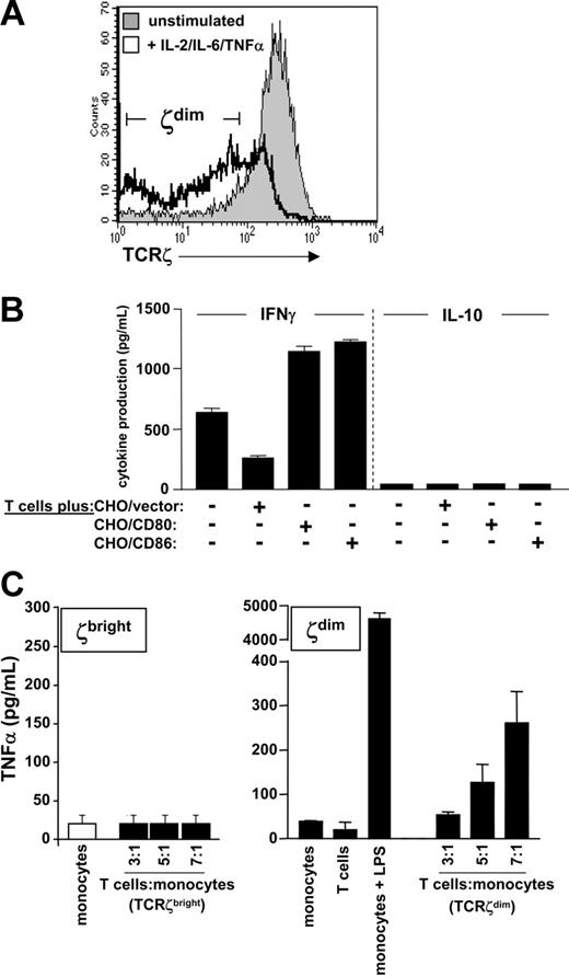 Figure 4. Antigen-independent effector function of TCRζdim T cells. (A) TCRζdim T cells were generated from purified T cells following stimulation for 7 days with IL-2, IL-6, and TNF-α in the absence of antigen or antigen-presenting cells. TCRζ expression is shown compared to that of unstimulated T cells. (B) TCRζdim T cells were cocultured with CHO cells expressing empty vector, CD80, or CD86 for 24 hours. Supernatants were harvested and IFN-γ and IL-10 levels determined by ELISA. (C) Resting (TCRζbright) or activated TCRζdim T cells were fixed prior to coculture at the indicated ratios with purified monocytes. Supernatants were harvested 24 hours later and TNF-α levels determined by ELISA. Supernatants derived from cultures of monocytes or T cells alone or LPS-stimulated monocytes were used as negative and positive controls, respectively. Data are representative of multiple experiments, and represent mean cytokine levels ± SD in panels B and C.