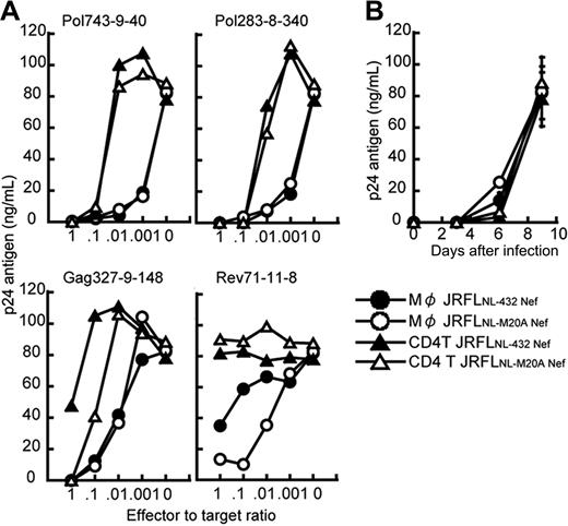 Figure 3. Comparison between abilities of HIV-1–specific CTLs to suppress HIV-1 replication in CD4+ T cells and macrophages infected with HIV-1 R5 strain. (A) The ability of HIV-1–specific CTL clones to suppress JRFLNL-432 Nef and JRFLNL-M20A Nef replication in CD4+ T cells and macrophages infected with JRFLNL-432 Nef or JRFLNL-M20A Nef. CD4+ T cells and macrophages from HLA-B*5101+ donor were infected with JRFLNL-432 Nef or JRFLNL-M20A Nef and then cocultured with HLA-B*5101-restricted HIV-1–specific CTL clones at various E/T ratios. The amount of HIV-1 p24 antigen in the supernatant on day 9 after infection was measured by using an enzyme immunoassay. (B) Kinetics of JRFLNL-432 Nef and JRFLNL-M20A Nef replication in CD4+ T cells and macrophages infected with JRFLNL-432 Nef or JRFLNL-M20A Nef. The amount of HIV-1 p24 antigen in the supernatant on days 3 to 9 after infection was measured by the enzyme immunoassay. Data shown in the figure are averages of triplicate assays for each time point. The experiments shown in panels A and B were performed simultaneously.