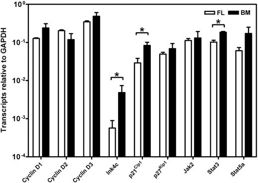 Figure 4. Comparison of gene expression in cultured fetal and adult HSCs. Transcript levels were determined by Q-RT-PCR for each gene relative to Gapdh on the 48-hour progeny of highly purified suspensions of HSCs from E14.5 fetal liver (FL, □) and adult bone marrow (BM, ■) cultured under serum-free conditions with growth factors that optimize HSC maintenance (50 ng/mL SF for the fetal liver cells and 300 ng/mL SF plus 20 ng/mL IL-11 for the adult bone marrow cells). Lin−Sca1+CD43+Mac1+ cells were isolated from E14.5 fetal liver cells and lin−Rho−SP cells were isolated from adult bone marrow as described in “Materials and methods.” Results are the mean plus or minus SEM of data from 2 to 3 experiments, in each of which Q-RT-PCR measurements were performed in triplicate. Significant differences between fetal liver and adult bone marrow values (P < .05) were determined by a Student t test and are indicated by an asterisk.