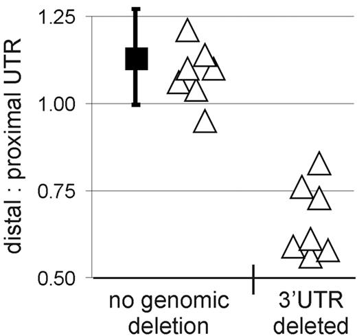Figure 3. Genomic deletions cause truncation of cyclin D1a mRNA. Proximal and distal 3′UTR probes were used to amplify genomic DNA, and the ratio of the respective amplification strength was determined. The black square indicates the mean in tumors with normal cyclin D1a mRNA transcripts (n = 69), and the bars represent the standard deviation of this mean estimate. Individual tumor samples expressing truncated cyclin D1a mRNA transcripts are represented by triangles (n = 14, for one patient no DNA was available). Samples with a ratio of distal/proximal UTR below the 5th percentile of the samples with normal cyclin D1 locus (n = 69, black squares) were considered to have a genomic deletion of the 3′UTR.