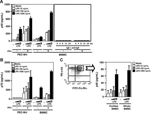 Figure 3. IL-12 secretion from BMMCs upon LPS stimulation. ELISA analysis of (A) p40 and (B) p70 in the culture media of cells (2 × 105 cells/150 μL/well) that were incubated with the indicated concentration of LPS for 24 hours after preincubation in the presence or absence of 100 U/mL IFN-γ for 16 hours. To activate BMMCs via FcϵRI, BMMCs were incubated in the presence or absence of 50 ng/mL TNP-BSA for 4 hours (left) or indicated time from 0 to 24 hours (right) after sensitization with 1 μg/mL anti-TNP IgE for 1 hour (A). Murine PEC-MΦs were used as the positive control. (C) Comparison of p40 production level between purified BMMCs by sorting of c-Kithigh/FcϵRIαhigh and nonsorted BMMCs. Both purified and whole BMMCs (1 × 105 cells/150 μL/well) were incubated with the indicated concentration of LPS for 24 hours after preincubation in the presence of 100 U/mL IFN-γ for 16 hours. Data represent mean ± SD of 3 independent experiments. nd indicates not detected (detection limit is 4 pg/mL).