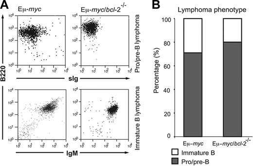 Figure 6. Eμ-myc/bcl-2−/− reconstituted mice develop characteristic Eμ-myc lymphoma. (A) Representative immunophenotyping FACS plots of lymphomas arising in Eμ-myc and Eμ-myc/bcl-2−/− mice. Single-cell suspensions were prepared from fresh tumor samples and stained with monoclonal antibodies to Ly5.2, Ly5.1, B220, CD19, IgM, IgD, CD4, CD8, Gr-1, Mac-1, and Ter119 antibodies. All lymphomas were confirmed as donor-derived by expression of Ly5.2 antigen. (B) The overall proportion of pro/pre-B and immature B lymphomas arising in moribund Eμ-myc and Eμ-myc/bcl-2−/− reconstituted mice.