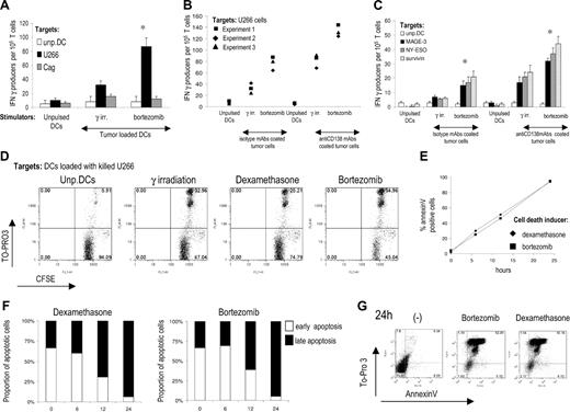 Figure 1. Bortezomib induces immunogenic cell death in human myeloma. (A) Expansion of myeloma-reactive T cells by DCs loaded with U266 tumor cells killed by bortezomib or γ irradiation. Monocyte-derived DCs alone or loaded with U266 tumor cells were matured using LPS as a maturation stimulus. The tumor-loaded and unpulsed DCs were each used to stimulate autologous T cells for 2 weeks. IFN-γ producers against unpulsed DCs, U266, or control cag cells as control were analyzed by ELISPOT assay. Data shown are mean/SD of 1 representative experiment of 3. (B) Same set up as in panel A. In addition to using DCs loaded with killed tumor cells, DCs also were pulsed with U266 cell killed by bortezomib and γ irradiation and opsonized with anti-CD138 monoclonal antibody. IFN-γ producers against U266 cells were analyzed by an overnight ELISPOT assay. Data shown are summary of 3 independent experiments with different blood donors. (C) Immature monocyte-derived DCs from HLA-A2+ donors were loaded with U266 myeloma cells coated with isotype control or anti-CD138 antibody. DCs were then used to stimulate autologous T cells. On day 7, T cells were restimulated with same DCs. After 14 days of culture, T cells were stimulated overnight in ELISPOT plates with autologous DCs pulsed with 10 μM HLA-A2 restricted peptides derived from MAGE-A3, NY-ESO-1, or 2.5 μM of an overlapping 15-mer peptide library derived from survivin. IFN-γ producers were quantified by an ELISPOT assay. Data shown are mean/SD of 3 independent experiments on 3 blood donors. *P value for comparison with γ-irradiated tumor cell–loaded DCs, P < .05. (D) Cytotoxic activity of myeloma-reactive T cells expanded by DCs loaded with U266 tumor cells killed by bortezomib, dexamethasone, or γ irradiation. CFSE-labeled target cells were incubated with T cells at the ratio of 1:20 for 6 hours and percentage of dead cells determined by TO-PRO3 staining. Data shown are representative of 3 experiments. (E) Kinetics of apoptosis after bortezomib or dexamethasone treatment. Either annexin V–positive or annexin V/TO-PRO3 double-positive cells was considered to be apoptotic. Live cells are defined as annexin V–negativeTO-PRO3 negative. Data are representative of 3 separate experiments. (F) Proportion of early (annexin V positive/TO-PRO3 negative) or late (annexin V/TO-PRO3 double-positive) tumor cells in the course of apoptosis induced by bortezomib or dexamethasone. Representative result of 3 experiments. (G) Representative FACS plot showing the stage of apoptosis of tumor cells used for pulsing of DCs, 24 hours after the induction of apoptosis.