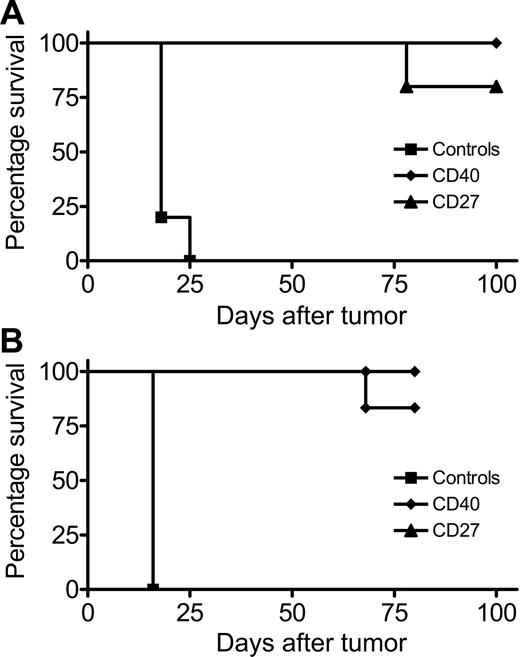 Figure 4. Therapeutic potency of anti–4-1BBL and anti-CD27 mAb against lymphoma. Mice (5 per group) received injections of (A) 2 × 107 BCL1 cells or (B) 2 × 107A31cells intravenously on day 0 and then on days 4, 5, 6, and 7 treated with control IgG, anti-CD40, or anti-CD27 mAb (250 μg/d; intravenously day 4, intraperitoneally days 5, 6, and 7). Mice were monitored for tumor development. Survival to the humane end point was plotted using the Kaplan-Meier method (right) and analyzed for significance using the log-rank test. Control versus anti-CD40– and anti-CD27–treated groups for both tumors, P < .005. The results represent 1 of 2 similar experiments.