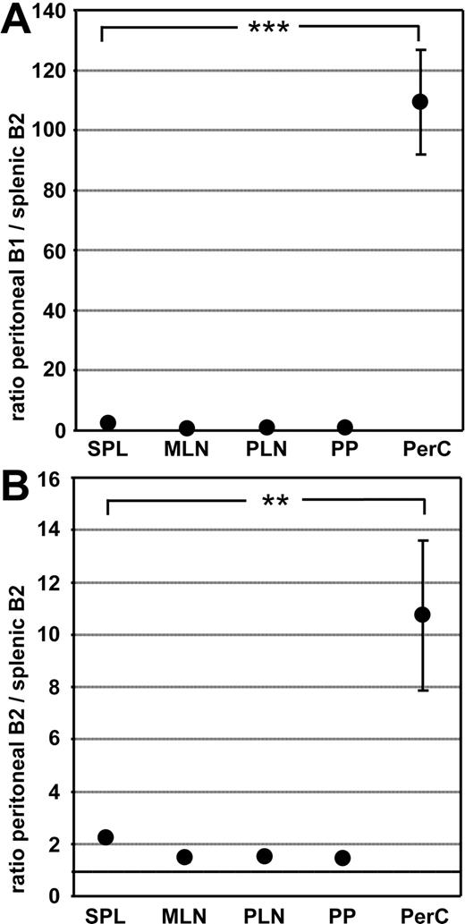 Figure 1. Peritoneal B1 and B2 cells efficiently reenter the peritoneal cavity following adoptive intravenous transfer. Peritoneal B cells and splenocytes were differentially labeled with CFSE and TAMRA, and mixtures containing equal numbers of B cells were injected intravenously into wild-type recipients. One day after transfer, the ratio of transferred peritoneal B1 cells to splenic B2 cells (A) and peritoneal B2 cells to splenic B2 cells (B) was determined in different compartments by flow cytometry. Cells were addressed as CD19+B220lowCD23− for B1 cells and CD19+B220highCD23+ for splenic B2 cells as well as peritoneal B2 cells. Circles indicate the mean of 9 mice analyzed in 3 independent experiments performed; error bars, SEM; SPL, spleen; MLN, mesenteric lymph nodes; PLN, peripheral lymph nodes; PP, Peyer patches; PerC, peritoneal cavity. Statistical differences are indicated for the mean values and variances separately as follows: *P < .05; **P < .01; ***P < .001.