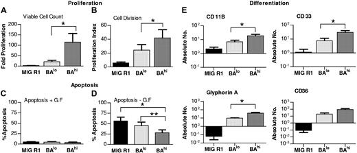 Figure 2. Effect of high and low Bcr-Abl expression levels on CD34+ cell proliferation, apoptosis, and differentiation. (A) The number of cells generated after culture of control, BAhi, and BAlo CD34+ cells for 7 days in SFM containing low growth factor was determined. The data shown represent the mean ± SEM fold-cell expansion for 6 individual experiments. Significance values for differences between BAhi and BAlo cells is *P < .05. (B) Transduced CD34+ cells (n= 4) were labeled with the fluorescent dye SNARF-1 and cultured for 72 hours followed by assessment of SNARF-1 fluorescence by flow cytometry. Each cell division results in a diminution in SNARF fluorescence. (A) Proliferation index (PI) was calculated from the flow cytometry data using ModFit software. Significance value for differences between BAhi and BAlo cells is *P < .05. (C) Transduced CD34+ cells (n= 5) were cultured in media with or without serum and GF for 48 hours. Cells were labeled with annexin V–Cy-5 and 7-AAD and apoptosis was assessed by flow cytometry. The figure shows total apoptotic cells following culture in serum and GF-containing medium. (D) Total apoptotic cells following culture without serum and GF. Significance values for differences are *P < .003, MIG R1 versus BAhi; **P < .006, BAlo versus BAhi. (E) Transduced CD34+ cells (n= 4) cultured for one week in SFM with low GF and analyzed by flow cytometry for erythroid and myeloid differentiation. The figure shows absolute number (log10 scale) of cells expressing the different phenotypic marker generated per 25 000 input cells. Significance value for differences between BAhi and BAlo cells is *P < .05, for CD11b, CD33, and glycophorin A.
