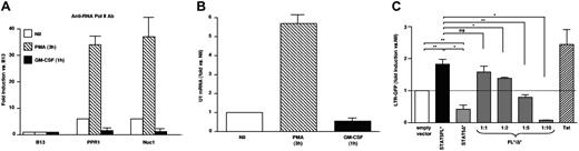 Figure 5. Opposite effects on early HIV transcription in U1 cells stimulated with PMA or GM-CSF. (A). Chromatin preparations from control (unstimulated), PMA, and GM-CSF stimulated U1 cells were immunoprecipitated with a polyclonal Ab against total RNA-polymerase II. The two LTR regions and the B13 region were analyzed by real-time PCR as described in Figure 6. (B) Real-time PCR analysis of HIV RNA levels at early time points after either PMA or GM-CSF stimulation of U1 cells. PMA, but not GM-CSF, stimulation increases HIV RNA accumulation versus the basal levels observed in control, unstimulated cells. (C). Opposite effects of constitutively phosphorylated STAT5 versus STAT5Δ on HIV-1 LTR transactivation. 293T cells were cotransfected with 100 ng of an LTR-GFP reporter construct and 900 ng of either an empty vector or constitutive phosphorylated (*) STAT5FL or STAT5Δ-expressing vectors or with STAT5FL*/STAT5Δ* vectors at the indicated molar ratios. The results are expressed as fold induction of the percentage of GFP+ cells normalized to the levels observed after transfection with an empty vector (mean ± standard error of mean of four independent experiments for empty vector versus STAT5FL* versus STAT5Δ* and of three independent experiments for the competition experiments, respectively). *P <.05; **P<.005; ns: not significant (t test for paired samples).