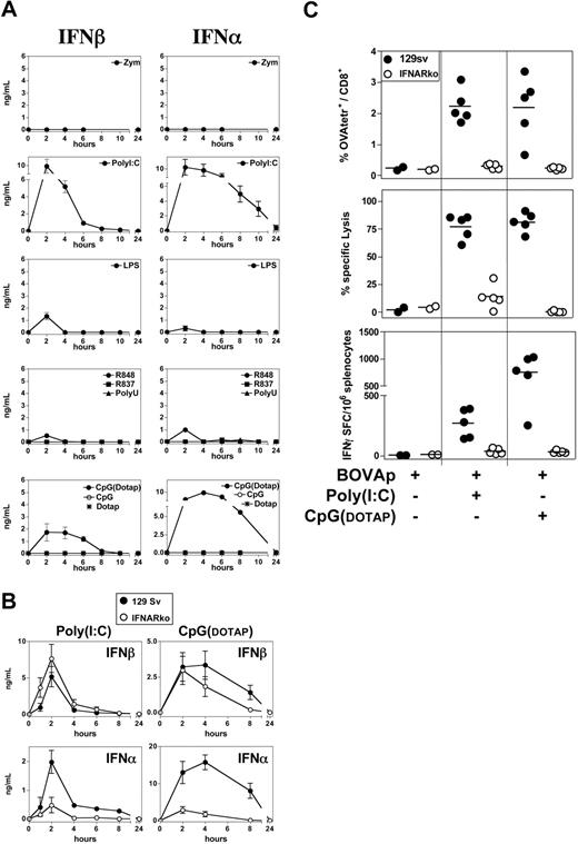 Figure 3. IFN-α/β mediates the adjuvant property of poly(I:C) and CpG. (A) In vivo production of type I IFN in response to various TLR-L. C57BL/6 mice received a single intravenous injection of zymosan, poly(I:C), LPS, R848, R837, poly(U), or CpG-B. CpG was administered either naked or mixed with DOTAP. As a control, one group of mice received DOTAP alone. Serum samples were collected at various time points after injection of the TLR-L, and IFN-α and IFN-β were titrated by ELISA. Results are expressed as means ± SEM for 3 to 4 mice per group tested in 2 independent experiments. (B) 129Sv and IFNARko mice received a single intravenous injection of poly(I:C) or CpG-B(DOTAP), and their sera were titrated for IFN-α and IFN-β by ELISA. Results are expressed as means ± SEM for 3 mice per group. (C) 129Sv and IFNARko mice were left untreated or were injected intravenously with BOVAp either alone or in combination with poly(I:C) or CpG-B(DOTAP). The specific CTL response was analyzed on day 7 by tetramer staining, in vivo killing assay, and ELISPOT (upper, medium, and lower panels, respectively). All data are representative of at least 2 independent experiments.