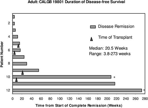 Figure 1. Duration of disease-free survival in weeks. ▴ corresponds to the time of stem cell transplantation; + represents patients who remain in continuous remission.
