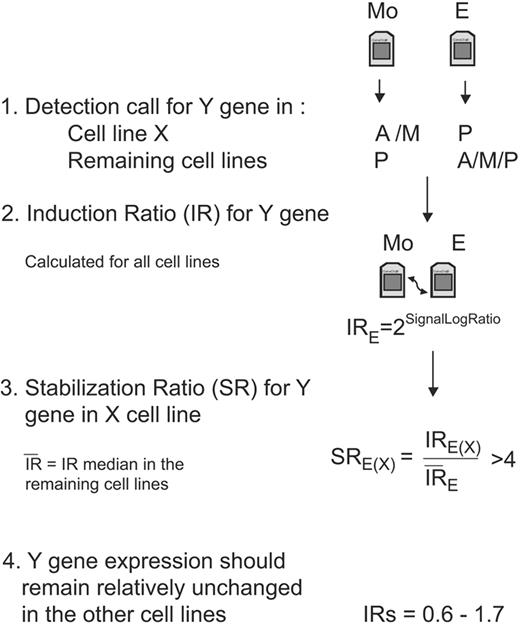 Figure 1. Diagram of the algorithm steps to select candidate genes in a specific cell line. For simplification, we represent the emetine treatment and the analysis of only one gene in the flowchart, but the same filters and analysis should be applied for the actinomycin D treatment and for the rest of the genes. The initial step to select a candidate gene (Y gene) in a specific cell line (X cell line) is to obtain the detection called present “P,” absent “A,” or marginal “M” calculated by the GCOS software. This first filter allows selection of genes that are specifically down-regulated in one cell line in the presence of a functional NMD pathway (before drug treatment) compared to the other mock-treated cell lines. Afterward, the level of induction for each gene is quantified in each cell line, and these IRs are used to calculate the SR. This SR should allow differentiating between an induction due to stabilization of a transcript carrying a PTC in a specific cell line from a general transcriptional induction due to the drug treatment or because of the accumulation of common alternative splicings that could occur in several cell lines. We establish the arbitrary cutoff of SR more than 4. The final filter will select only genes that in addition to having a high SR in a specific cell line have an mRNA level that remains mainly unmodified after drug treatment in the other cell lines (IR= 06-1.7).