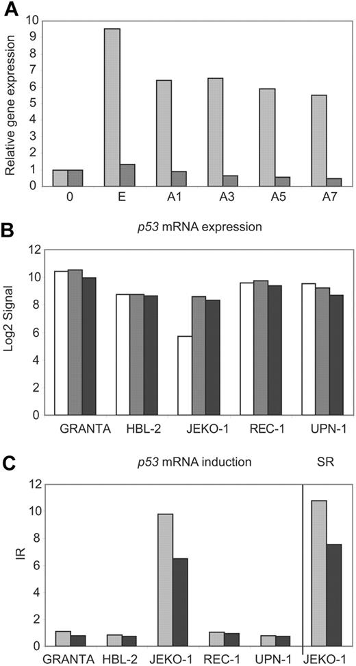 Figure 2. p53 mRNA is stabilized in JEKO-1 after NMD inhibition. (A) p53 mRNA levels were analyzed by real-time PCR in nontreated cells (0) and after emetine (E) or emetine plus actinomycin D treatment during a time course (A1, A3, A5 and A7) in JEKO-1 (▩) and REC-1 (■). The expression levels were related to mock-treated cells (0). (B) After microarray normalization, the signals obtained with the GCOS software for p53 were log2 transformed and plotted for mock-treated (□), emetine-treated (▩), and emetine plus actinomycin D–treated (■) cells. (C) The p53 IRs for each cell line were plotted together with the p53 SR in JEKO-1 for both treatments, emetine (▩) and emetine plus actinomycin D (■).