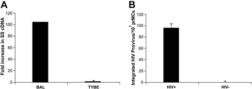 Figure 6. HIV-susceptible prMCs can be isolated from the circulation of pregnant women. (A) PCR evidence of viral entry (SS cDNA) shows that circulating prMCs (≥ 83% total cells), isolated from late third-trimester HIV-negative pregnant women, are strongly susceptible to R5-tropic HIVBAL but only marginally susceptible to X4-tropic HIVTybe in (B) PCR evidence that circulating prMCs isolated from HIV+ pregnant women at term harbor integrated (HIV) proviral cDNA. All experiments were performed a minimum of 3 times. All error bars represent standard deviation of the mean of replicate PCR reactions at each data point.