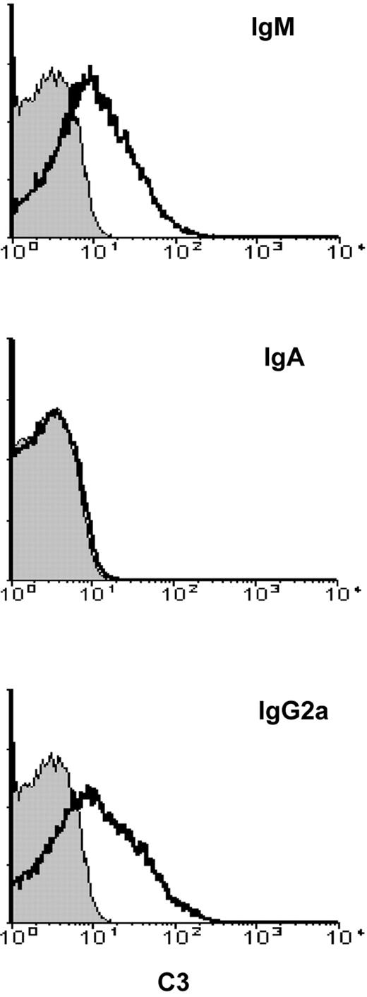 Figure 2. Flow cytometric analysis of complement activation in vivo by the 34-3C IgM, IgA, and IgG2a variants. Mouse RBC were obtained 24 h after an intraperitoneal injection of 100 μg of 34-3C anti-RBC Ig variants into BALB/c mice and stained with biotinylated goat anti-mouse C3 antibodies followed by PE-conjugated streptavidin. Shaded areas indicate the background staining obtained with untreated BALB/c mice.