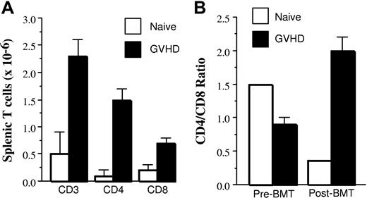Figure 2. Homeostatic expansion of CD4+ and CD8+ GVHD T cells after transfer into secondary recipients. Lethally irradiated (1100 cGy) AKR mice from Figure 1 that were transplanted with Rag-1 BM (5 × 106) and a spleen cell-adjusted dose of either 4 to 5 × 105 naive or GVHD T cells were killed 90 to 119 days after transplantation and examined for the extent of T-cell expansion in the spleen. (A) Absolute numbers of CD3+, CD4+, and CD8+ splenic T cells in mice transplanted with naive (n = 3; □) or GVHD (n = 13; ■) T cells. (B) CD4/CD8 ratio before and after transfer of naive or GVHD splenic T cells into secondary AKR hosts is shown. Analysis in panels A and B was performed on 13 (76%) of 17 animals transplanted in Figure 1 that had received Rag-1 BM plus chimeric (B6→AKR) spleen cells and had a mean thymus size of 2.4 ± 0.6 × 106 cells with a mean percentage of double-positive thymocytes (CD4+CD8+) of 11% ± 2.5%, indicative of limited de novo T-cell generation. Data are presented as mean ± SEM and are cumulative results from 6 experiments.