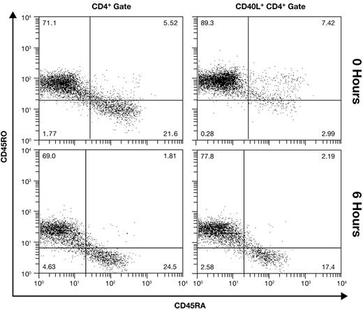 Figure 2. Equivalent expression of early CD40L on naive and memory cells. The memory phenotype of CD4+ cells (left panels) and CD40L+ CD4+ cells (right panels) was differentiated in unfractionated resting (0 hour) and CD28-costimulated PBMCs using 4-color flow cytometry. Results from a representative donor are shown.
