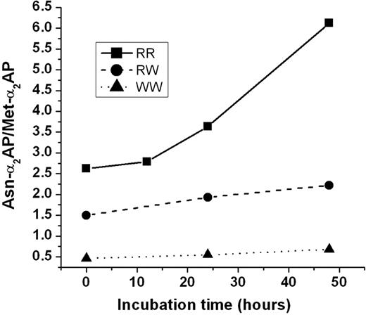 Figure 4. Effect of Met-α2AP genotype on generation of Asn-α2AP in plasma with time. A plasma sample from a person of the RR, RW, or WW genotype was incubated at 29°C; at selected times α2AP was purified from each sample and subjected to amino-terminal sequence analysis. The ratio of Asn-α2AP/Met-α2AP was calculated from picomole recoveries of Met and Asn in the first cycle.