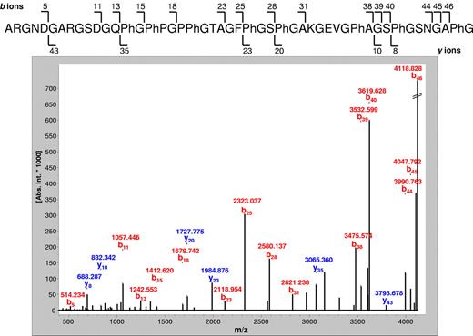 Figure 4. The high-resolution MS/MS spectrum (bottom panel) of the polypeptide indicative for GvHD (Table 3) with the molecular weight of 4.306 kDa. This polypeptide was up-regulated in GvHD samples compared with control samples (Table 1). SwissProt database matching indicated that this is a fragment of collagen α-1 (III) chain (319-366; Homo sapiens) with a calculated mass of 4.306 kDa and a sequence as indicated (top panel). The masses of b-ion fragments (red) and y-ion fragments (blue) are correlated with the obtained sequence using fragment numbers.28,29
