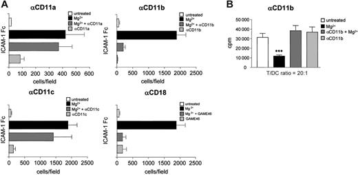 Figure 5. Active Mac-1 (CD11b/CD18) on DCs modulates T-cell activation. (A) DCs (5 × 105/well) were placed into 96-well plates that had been coated with 10 μg/mL ICAM-1–Fc. DCs were left untreated or were preincubated with 5 mM Mg2+ or 10 μg/mL of the indicated antibodies for 1 hour. Plates were incubated for 45 minutes at 37°C, and wells were washed 4 times and analyzed for bound cells by microscopy as described in “Materials and methods.” Error bars represent SD of 5 independent experiments. (B) CD3+ T cells (BALB/c; 1 × 105/well) were cocultured with allogeneic bmDCs (C57BL/6) at a T/DC ratio of 20:1 for 3 days in 96-well plates. DCs were pretreated with 10 μg/mL anti-CD11b antibody and where indicated 5 mM Mg2+ was added. After 3 days of coculture, 1 μCi (0.037 MBq) 3H-thymidine/well was added to the culture for another 18 hours to determine T-cell proliferation. Error bars represent SD of 3 independent experiments.